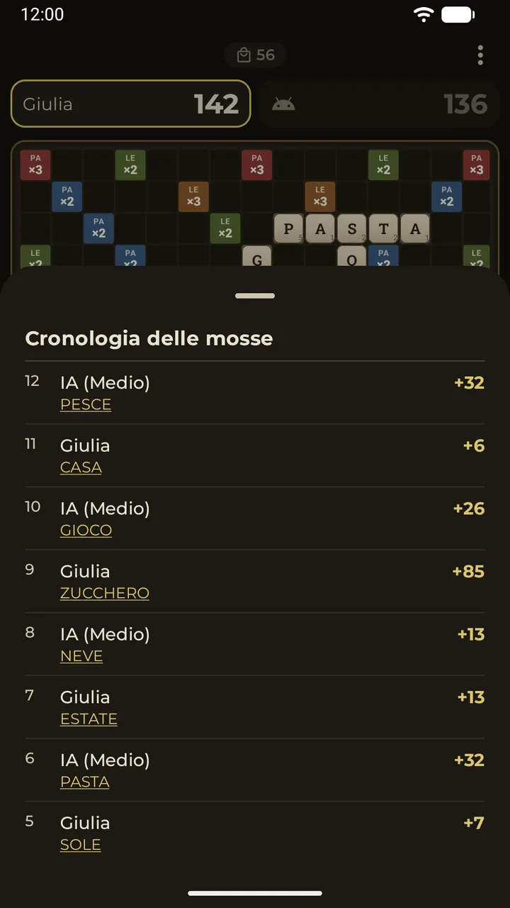 La cronologia delle mosse: ogni parola giocata con i suoi punti