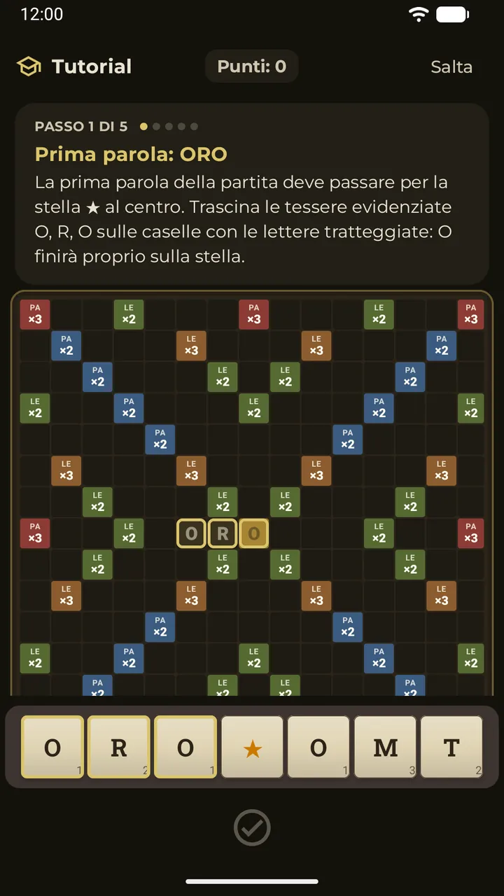 Il tutorial interattivo che guida la prima mossa sul tabellone