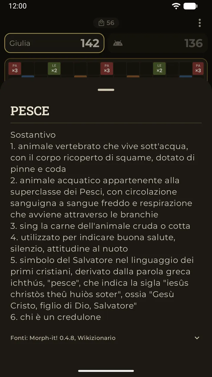 Toccando una parola sul tabellone si apre la sua definizione del dizionario