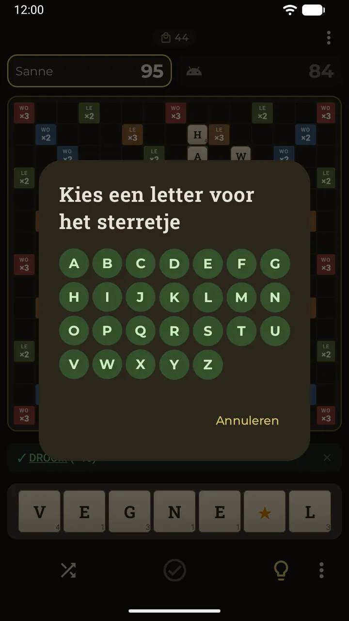 Een jokersterretje op het bord opent het alfabet om de letter te kiezen waarvoor het staat