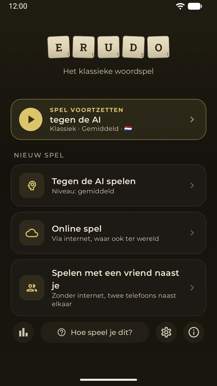 Het hoofdmenu met een kaart ‘Spel voortzetten’ voor een opgeslagen spel tegen de AI en de drie manieren om te spelen: tegen de AI, online, naast elkaar