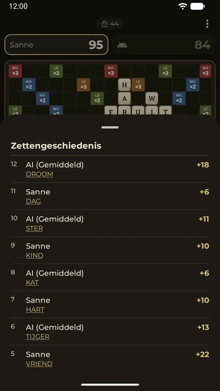 De zettengeschiedenis: elk gelegd woord met zijn punten