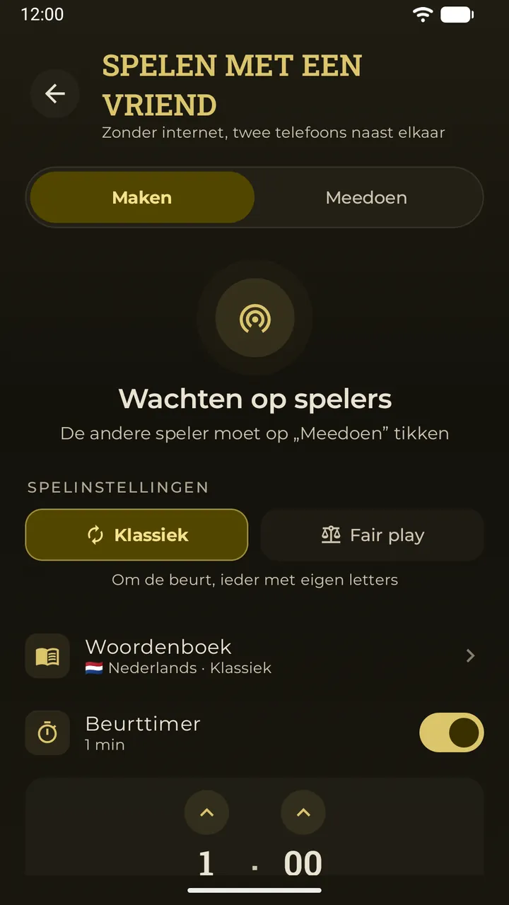 De lobby voor spelen naast elkaar in Erudo: wachten op spelers, met de spelinstellingen – modus, woordenboek en zettimer