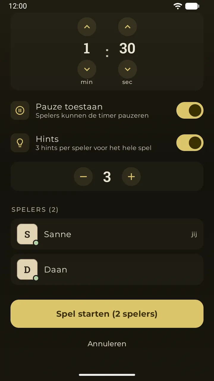 Dezelfde online lobby met twee spelers die meedoen en de knop ‘Spel starten (2 spelers)’