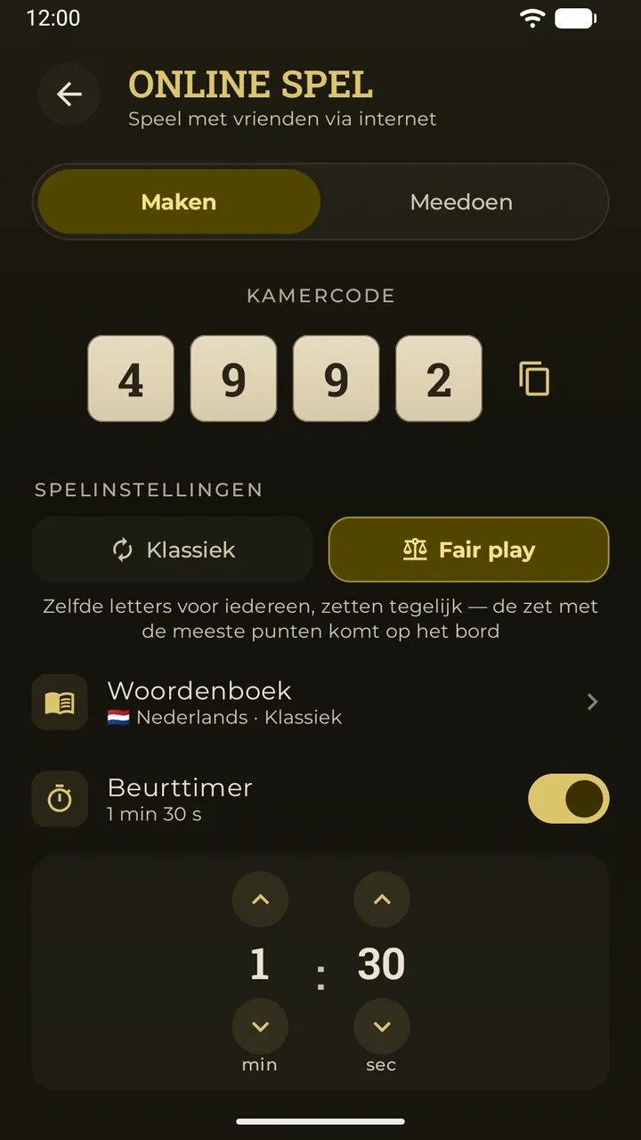 De online lobby in Erudo: een 4-cijferige kamercode als letterstenen, Fair play geselecteerd en een zettimer