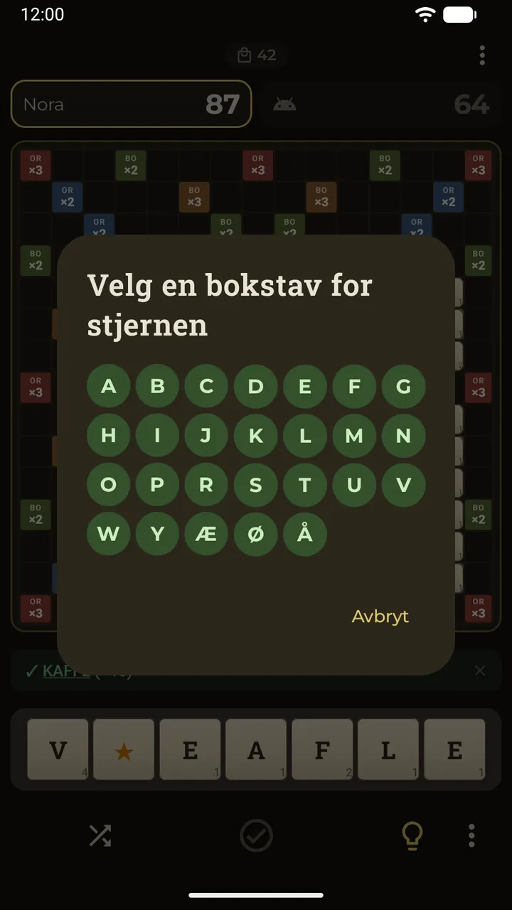 En stjernejoker som slippes på brettet, åpner alfabetet, der du velger bokstaven den skal stå for