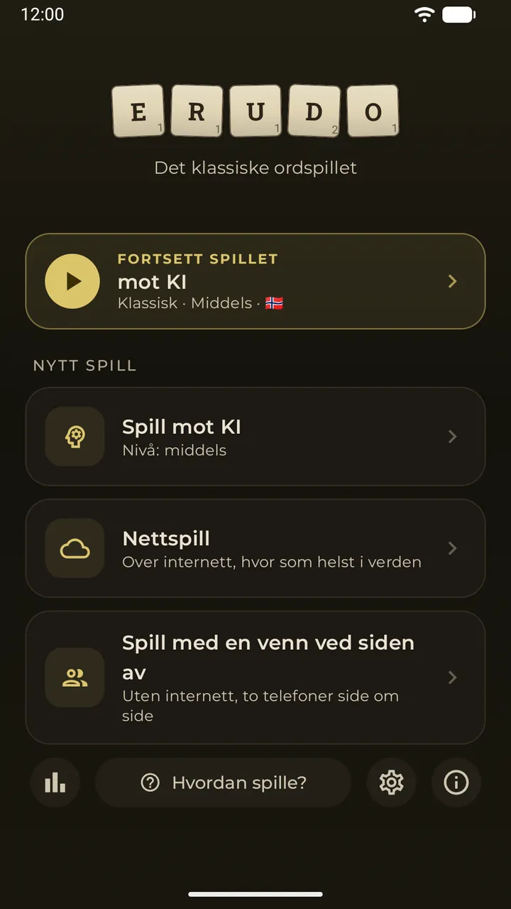 Hovedmenyen med kortet Fortsett for et lagret parti mot KI og de tre måtene å spille på: mot KI, på nett, med en venn ved siden av
