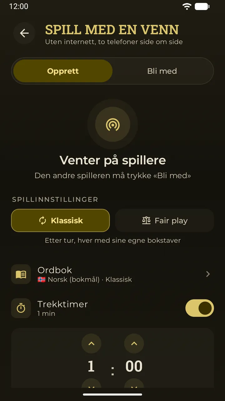Lobbyen for spill ved siden av i Erudo: venter på spillere, med partiets innstillinger – modus, ordbok og trekktimer