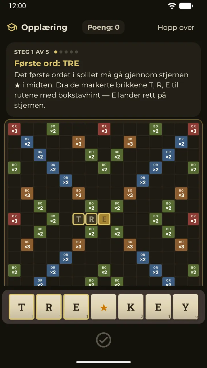 Den interaktive opplæringen som viser vei gjennom det første trekket på brettet