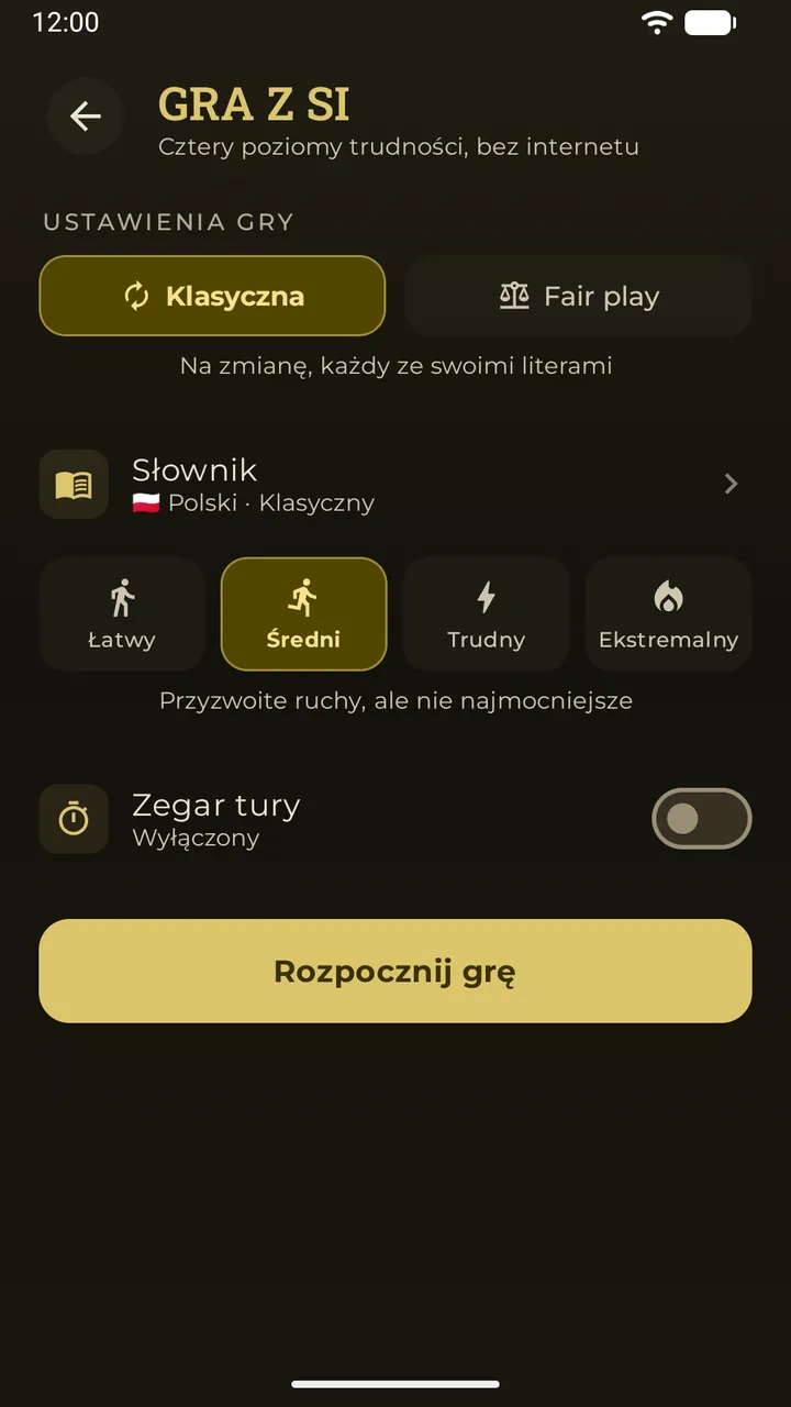 Ustawienia gry z SI: tryby „Klasyczna” i „Fair play”, słownik i cztery poziomy trudności