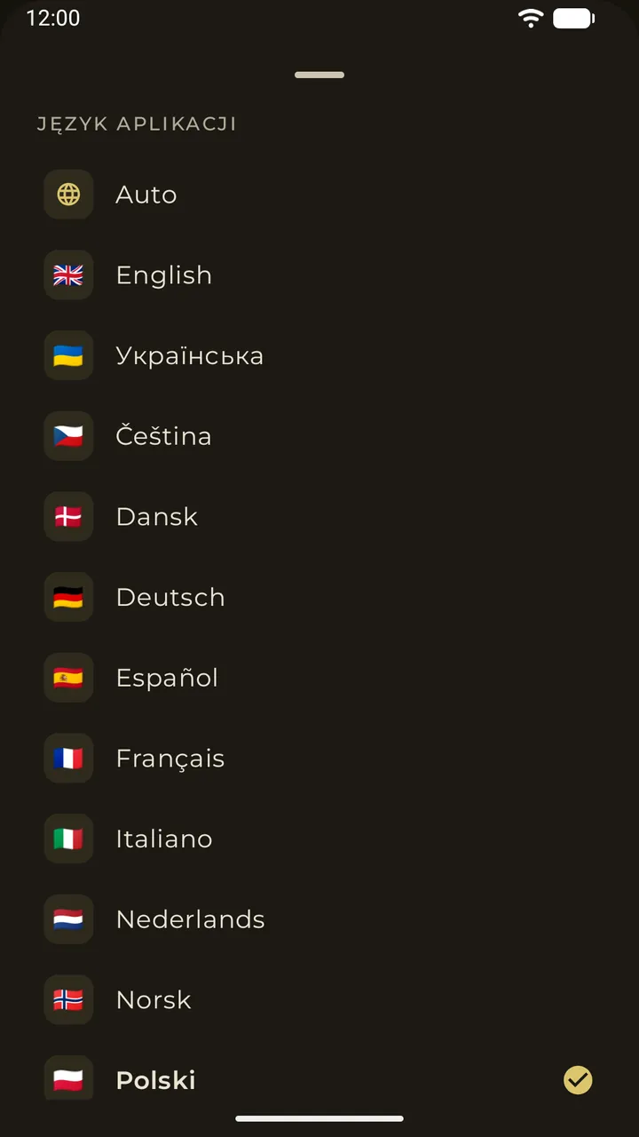 Wybór języka aplikacji z szesnastoma językami interfejsu