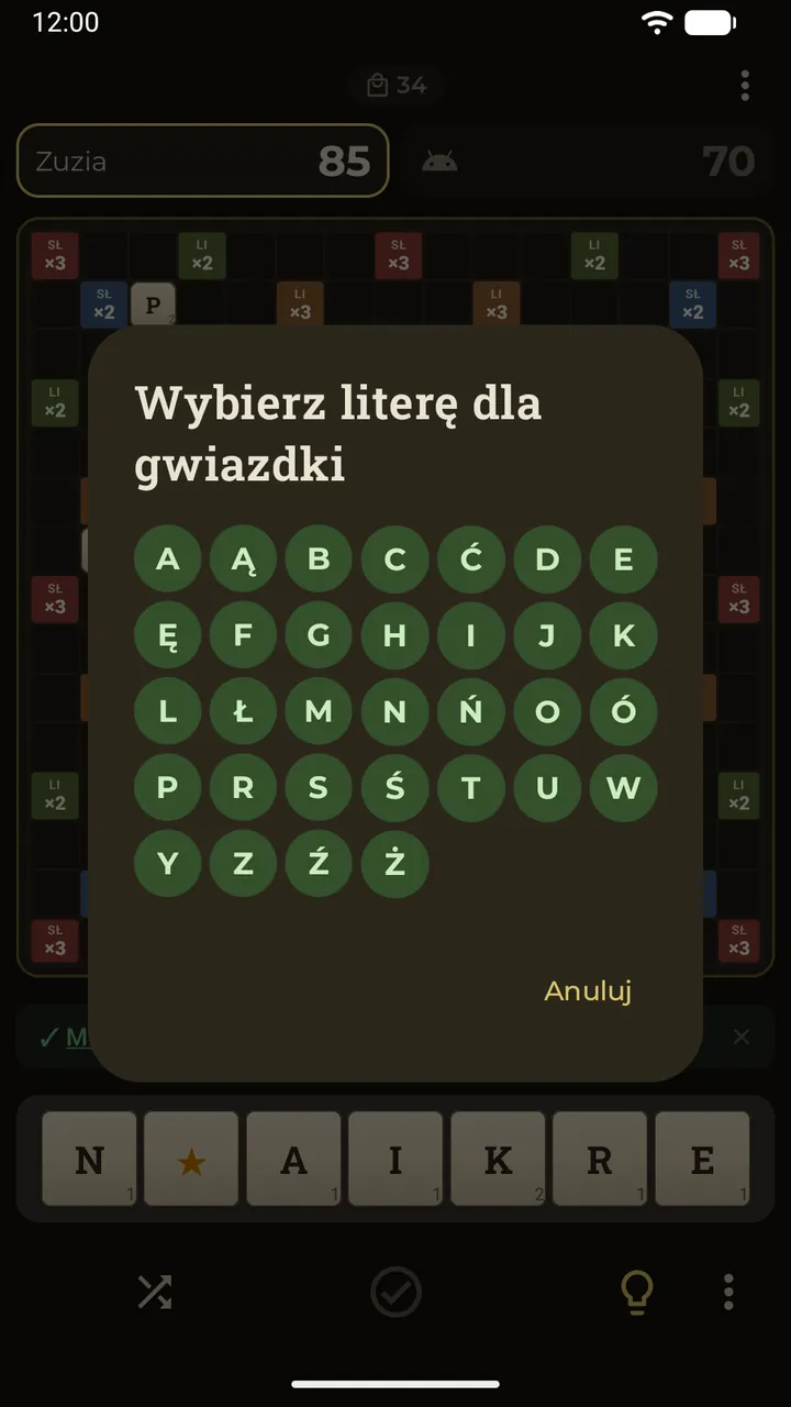 Gwiazdka-joker położona na planszy otwiera alfabet, by wybrać literę, którą zastępuje