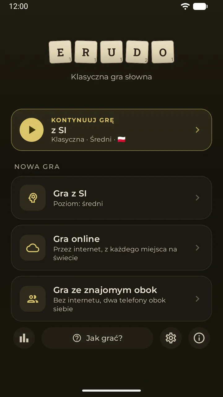 Menu główne z kartą „Kontynuuj grę” dla zapisanej partii z SI i trzema sposobami gry: z SI, online, ze znajomym obok