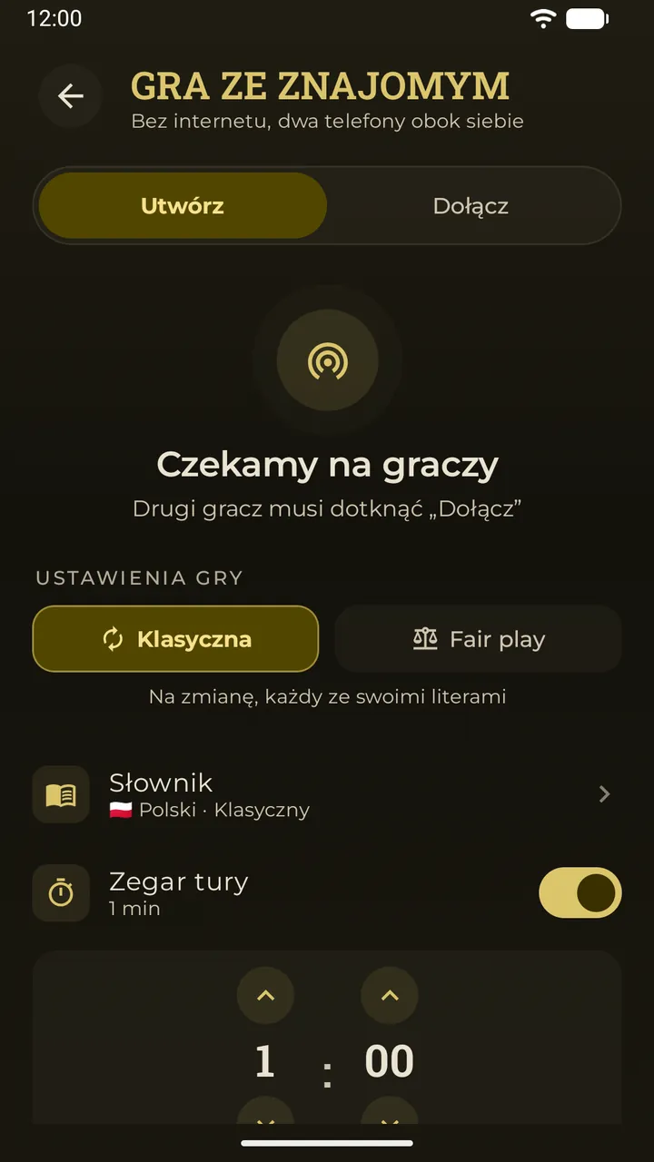 Lobby gry ze znajomym obok w Erudo: oczekiwanie na graczy i ustawienia gry – tryb, słownik i zegar tury