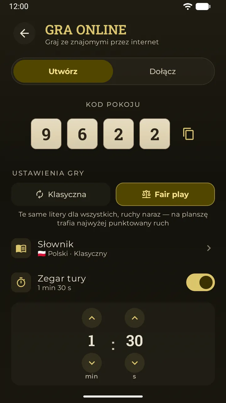 Pokój online w Erudo: 4-cyfrowy kod pokoju ułożony z płytek, wybrany tryb „Fair play” i zegar tury