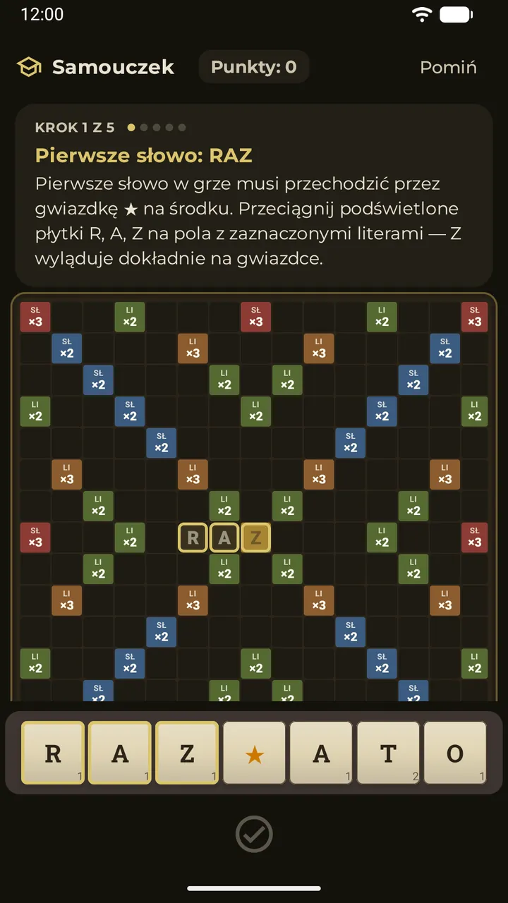 Interaktywny samouczek prowadzący przez pierwszy ruch na planszy
