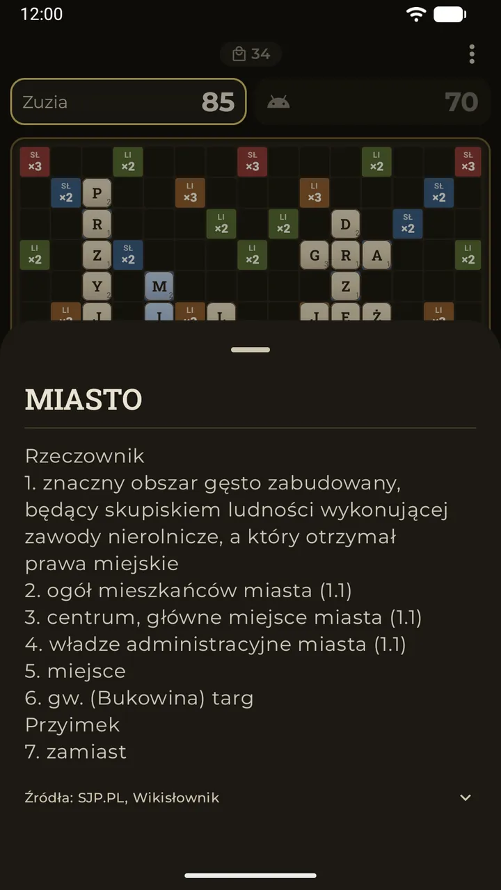 Stuknięcie słowa na planszy otwiera jego definicję ze słownika