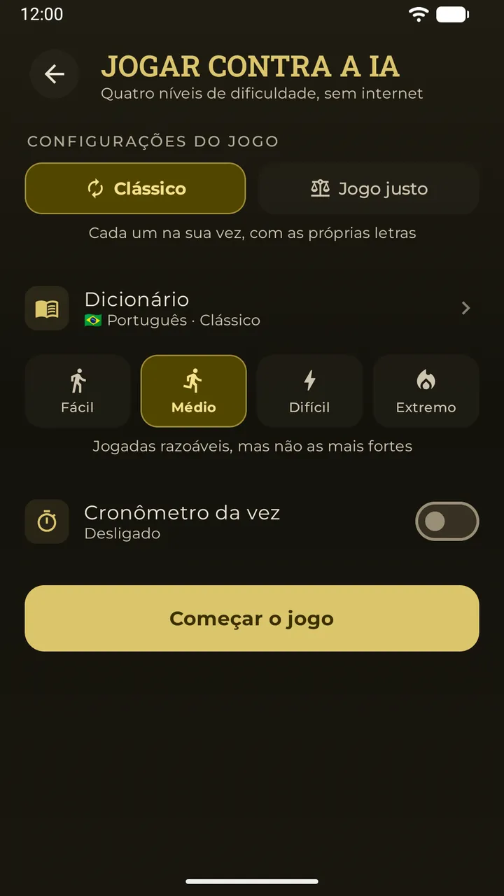 A sala do jogo contra a IA com os modos Clássico e Jogo justo, o dicionário e quatro níveis de dificuldade