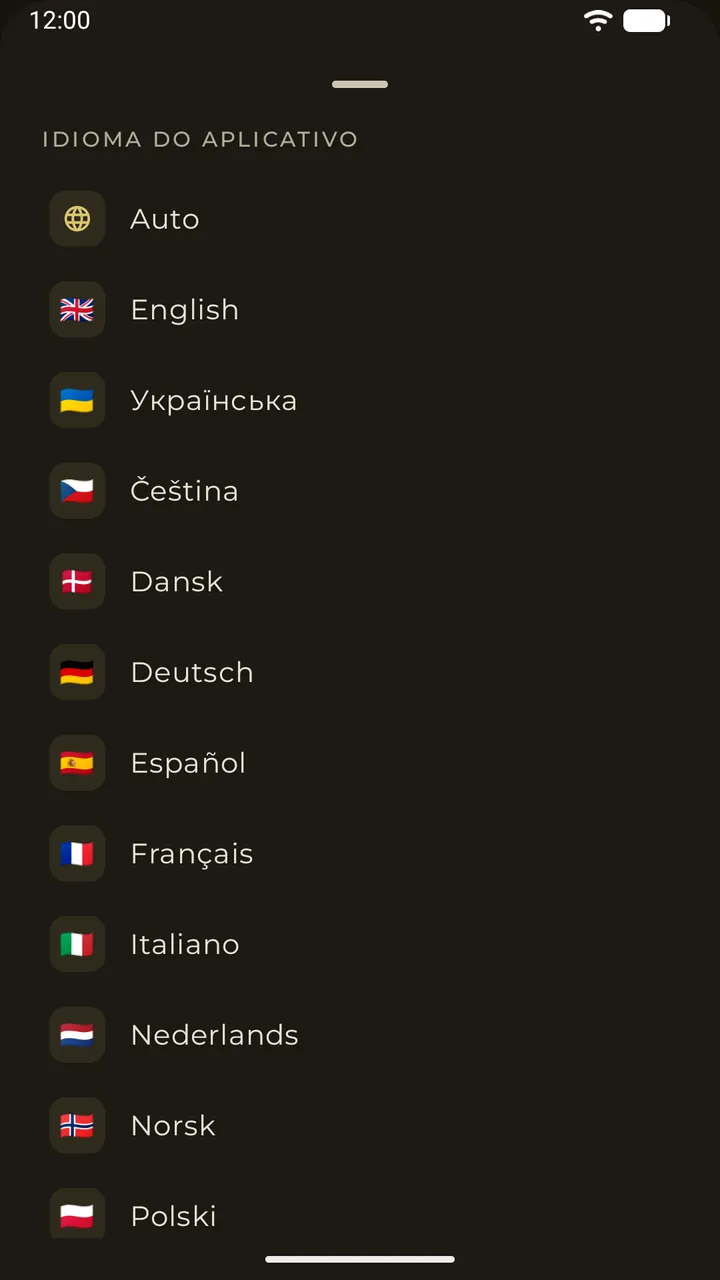 A escolha de idioma do app, com dezesseis idiomas de interface