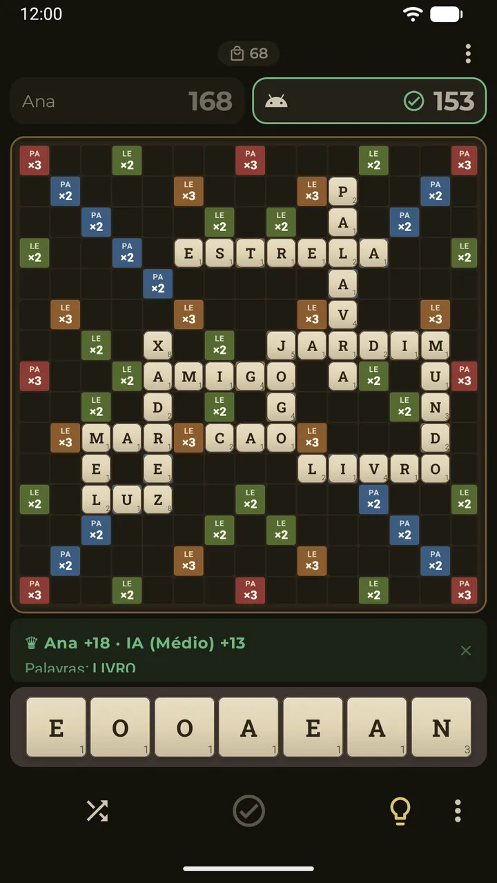 Uma rodada de Jogo justo no Erudo: os dois jogadores têm as mesmas letras, o resultado da rodada mostra quem venceu e por quantos pontos, e a IA já enviou a jogada