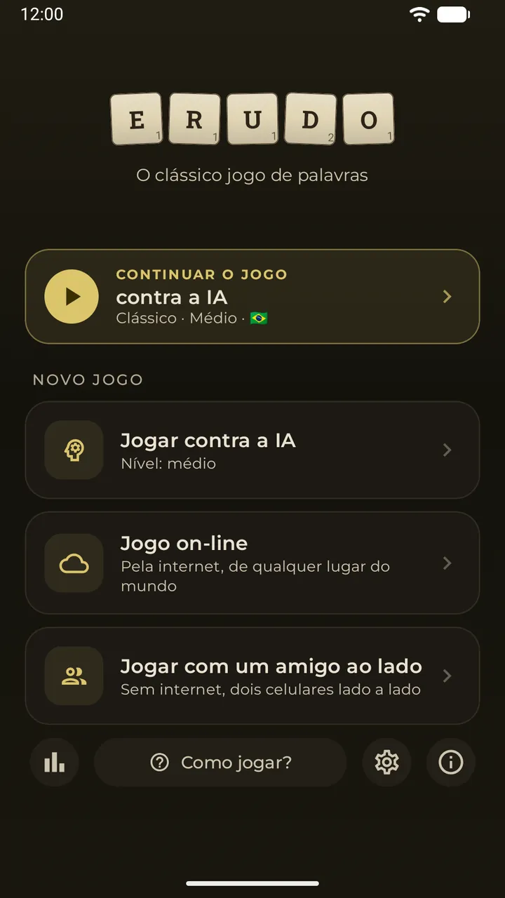 O menu principal com um cartão Continuar para uma partida salva contra a IA e os três jeitos de jogar: contra a IA, online e ao lado