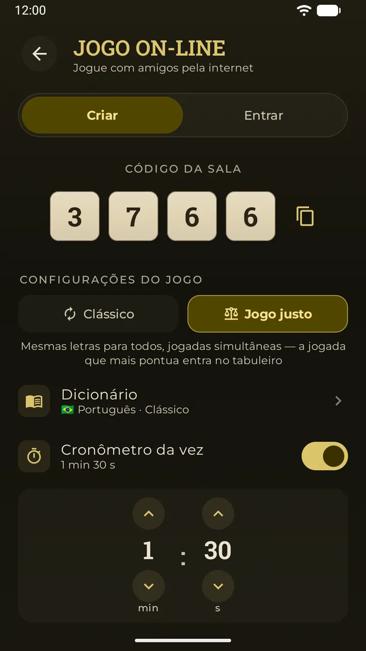 A sala online do Erudo: um código de sala de 4 dígitos mostrado em peças, Jogo justo selecionado e um cronômetro da vez