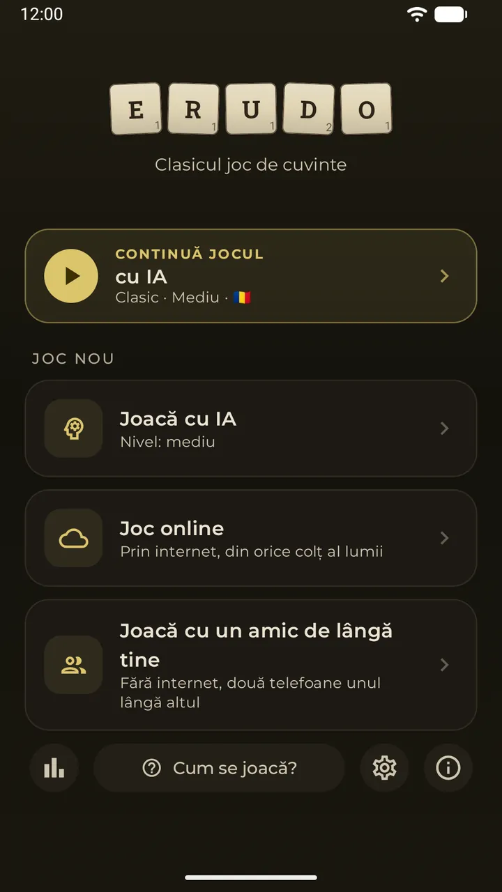Meniul principal cu cardul „Continuă jocul” pentru o partidă salvată cu IA și cele trei moduri de joc: cu IA, online, cu un prieten alături