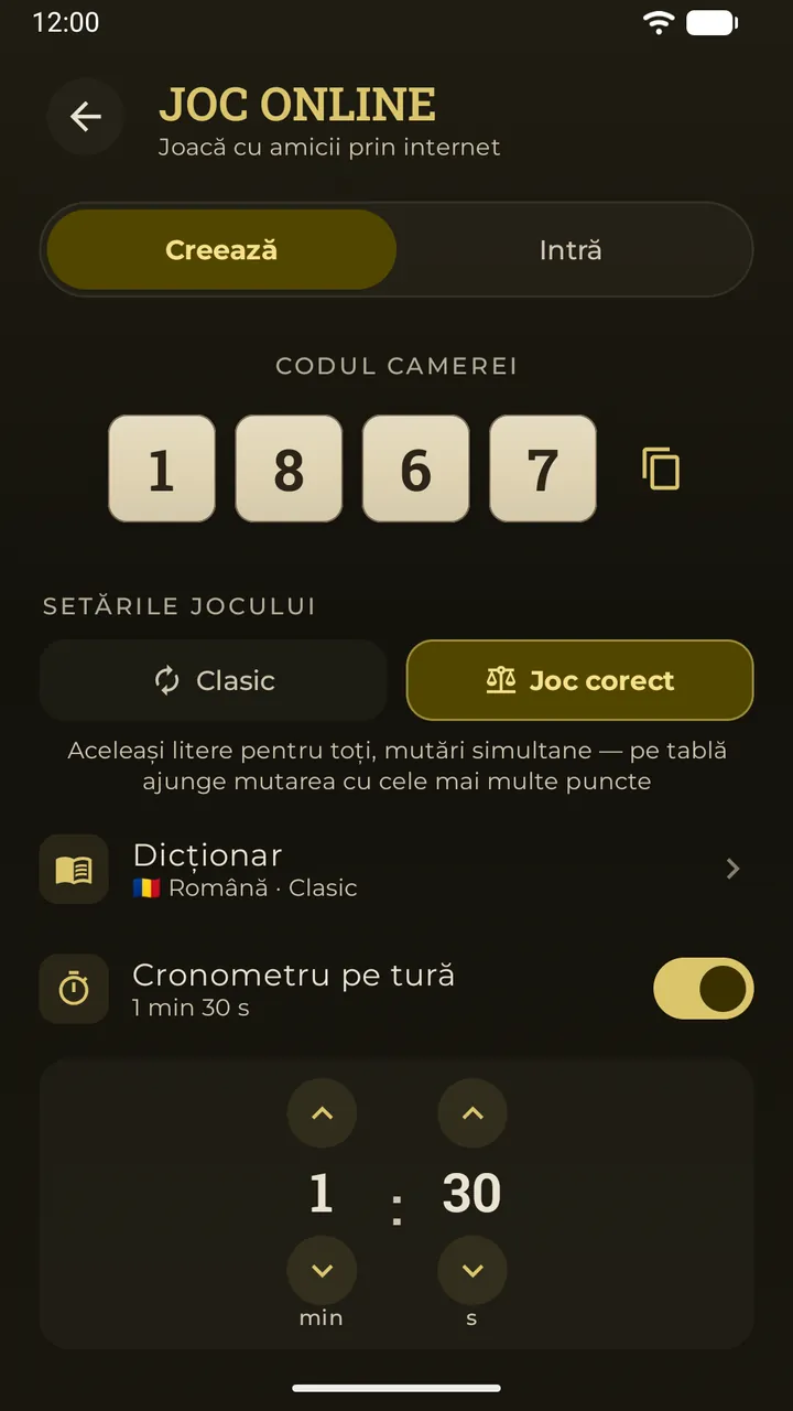 Lobby-ul online din Erudo: un cod de cameră din 4 cifre afișat ca piese, Joc corect selectat și cronometrul pe mutare