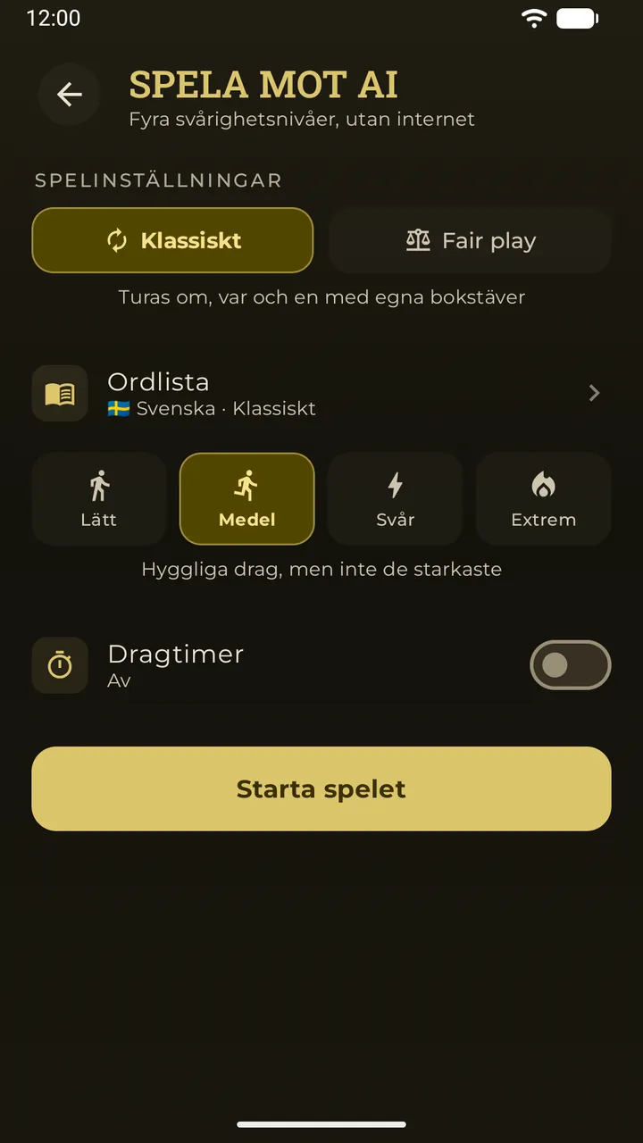 AI-lobbyn med lägena Klassiskt och Fair play, ordlistan och fyra svårighetsnivåer