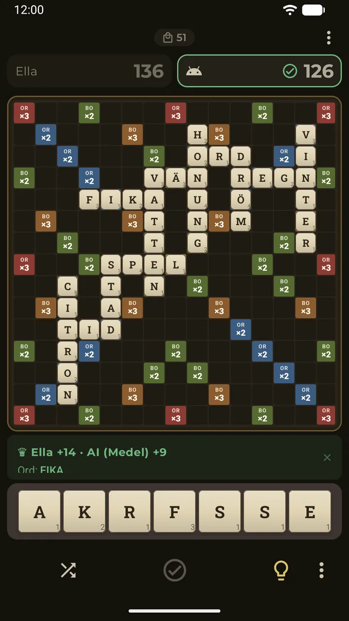En Fair play-omgång i Erudo: båda spelarna har samma bokstäver, omgångens resultat visar vem som vann omgången och med hur många poäng, AI:n har redan skickat in