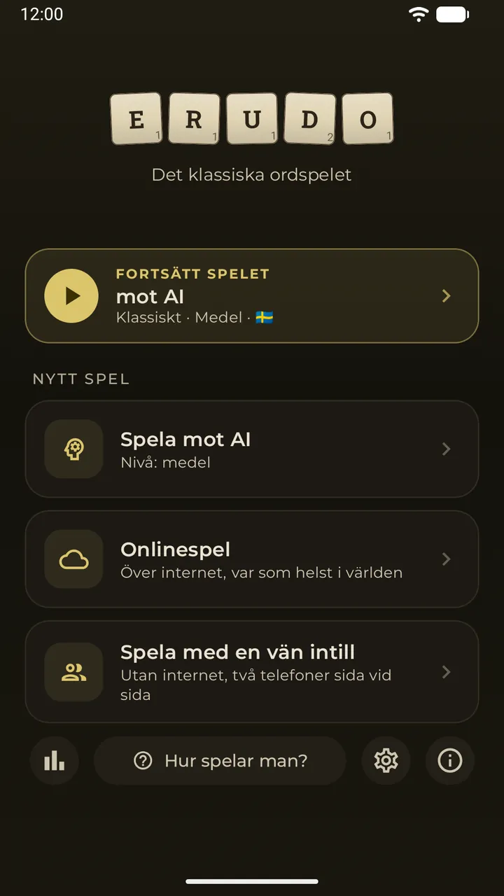 Huvudmenyn med kortet Fortsätt för ett sparat parti mot AI och de tre sätten att spela: mot AI, online, med en vän intill