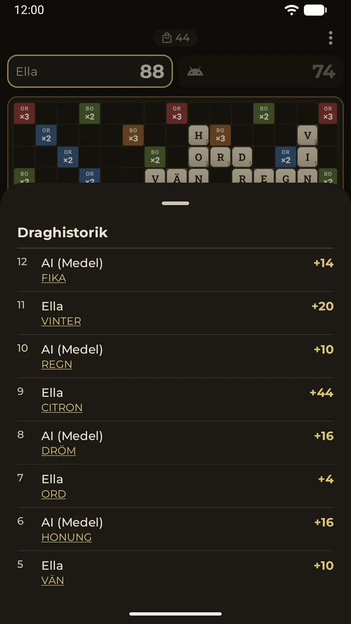 Panelen med draghistorik: varje spelat ord med sina poäng
