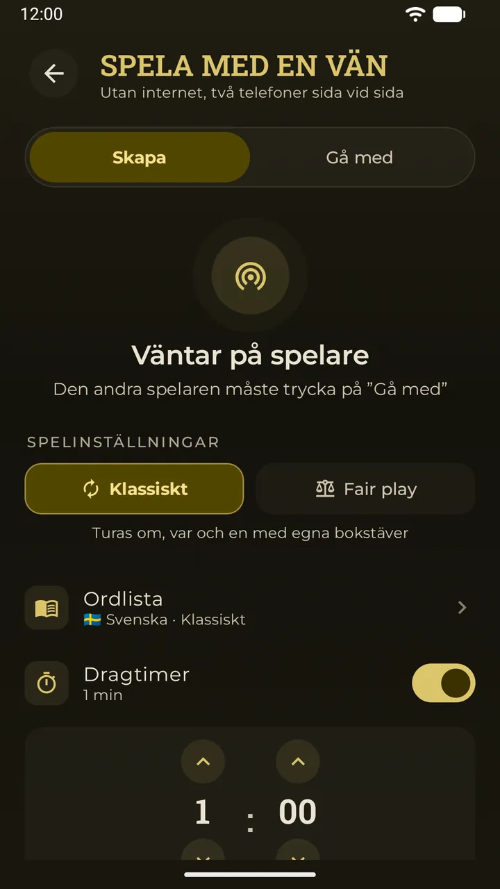 Lobbyn för spel intill i Erudo: väntar på spelare, med partiets inställningar – läge, ordlista och dragtimer