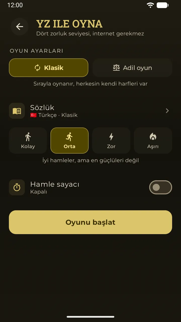 Klasik ve Adil oyun modları, sözlük ve dört zorluk seviyesiyle yapay zekâ lobisi