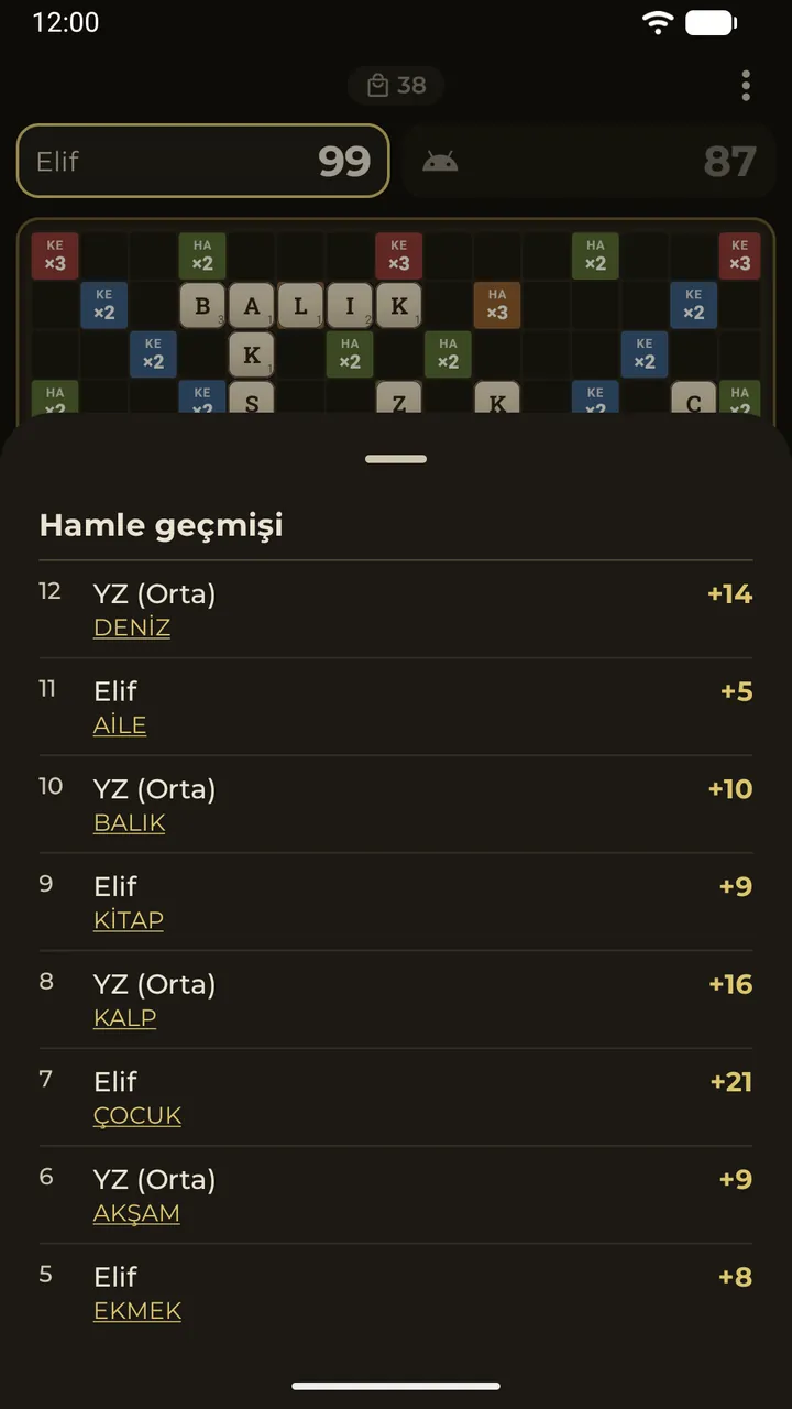 Hamle geçmişi sayfası: oynanan her kelime ve puanı