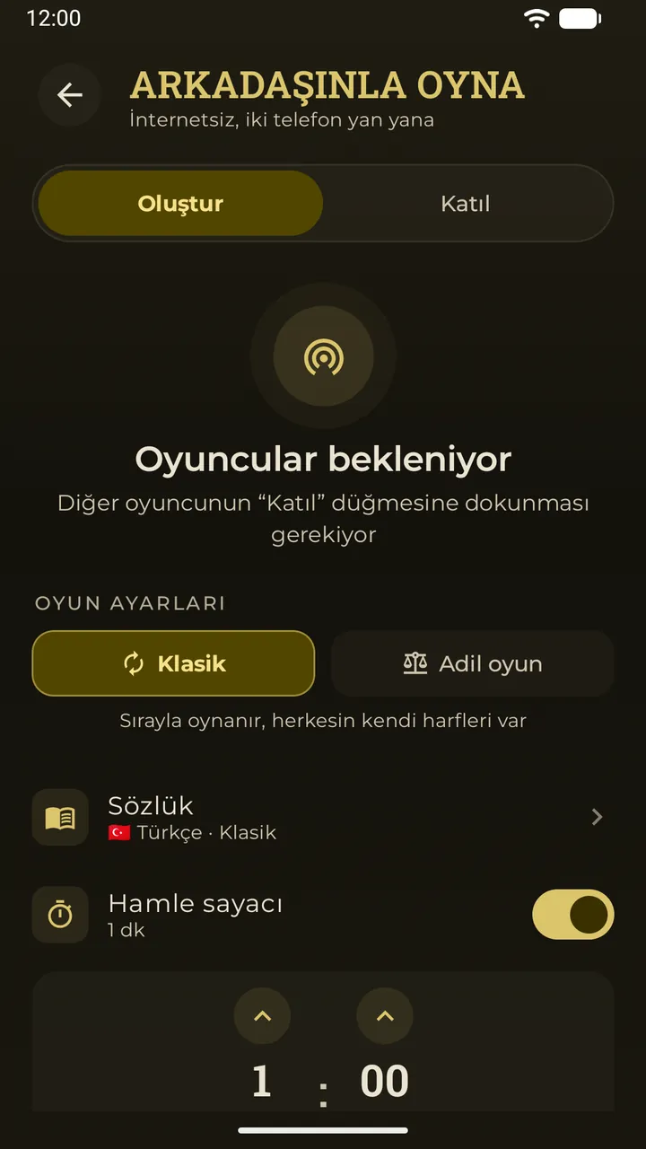 Erudo’da yan yana oyun lobisi: oyuncular bekleniyor, oyun ayarları — mod, sözlük ve hamle sayacı