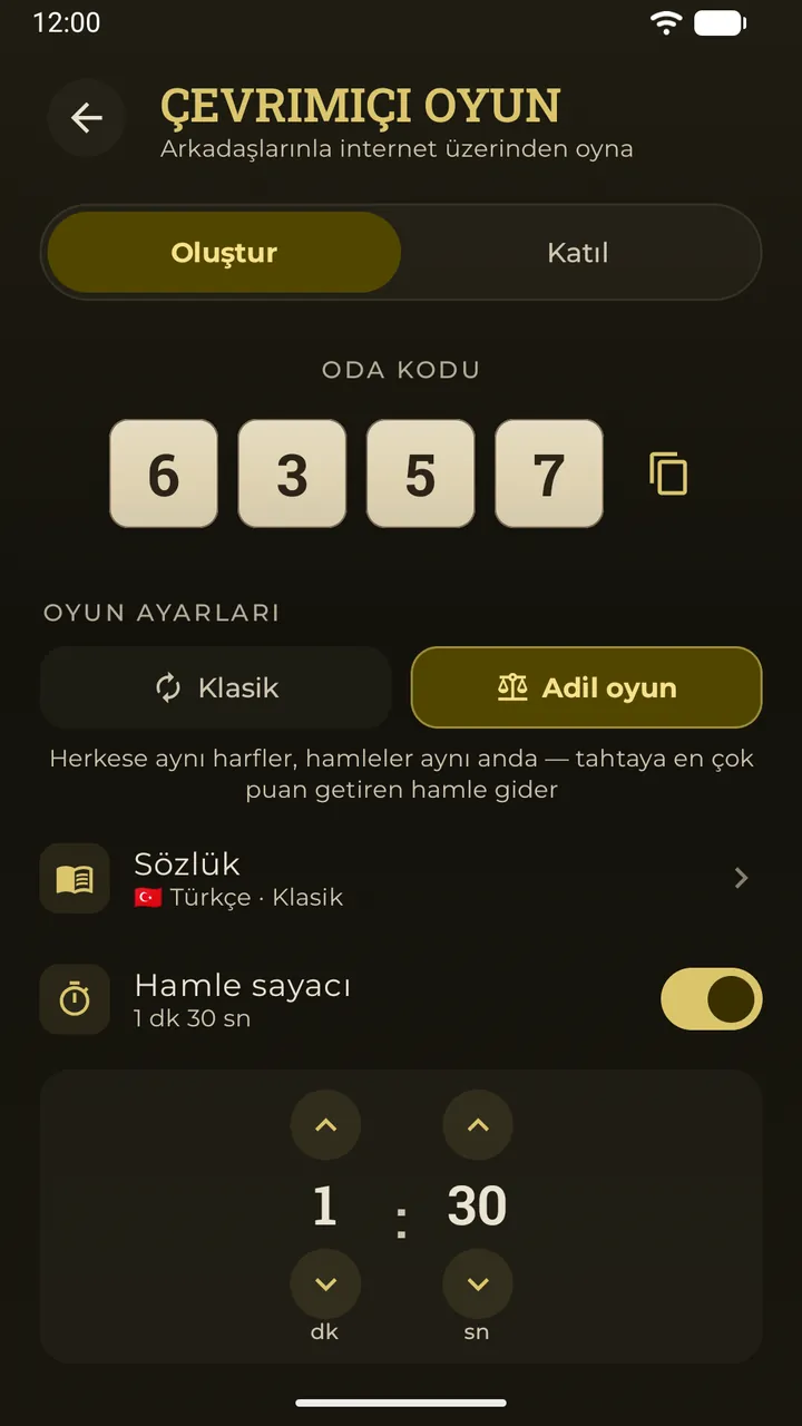 Erudo’da çevrimiçi lobi: taşlarla gösterilen 4 haneli oda kodu, seçili Adil oyun modu ve hamle sayacı
